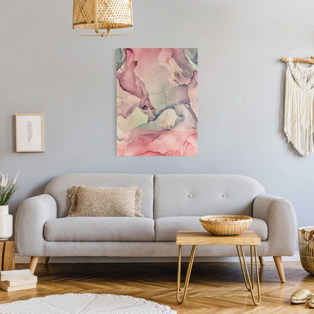 Canvas schilderijen - Goud Watercolour Pastel Pink With Gold