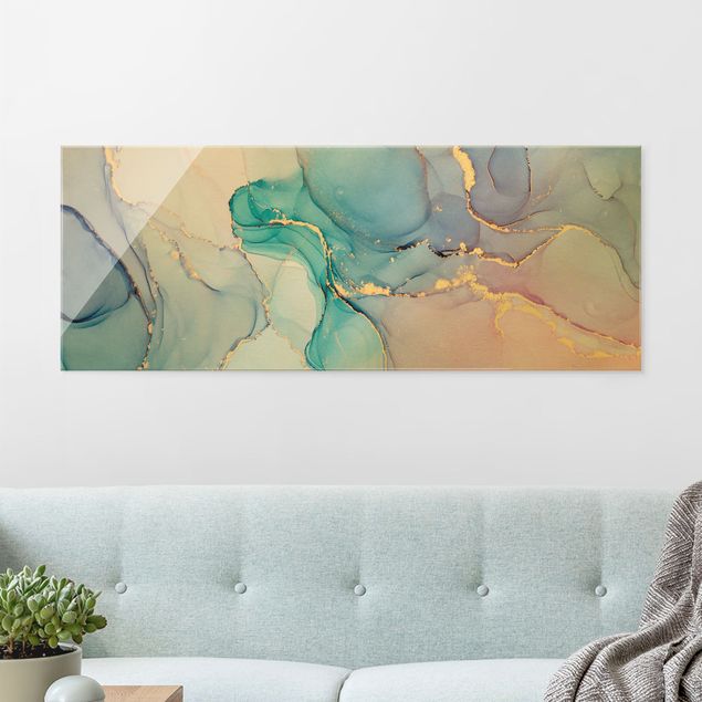 Glas Magnetboard Watercolour Pastel Turquoise With Gold