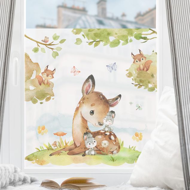 Raamfolie - Watercolour Deer Rabbit and Squirrel