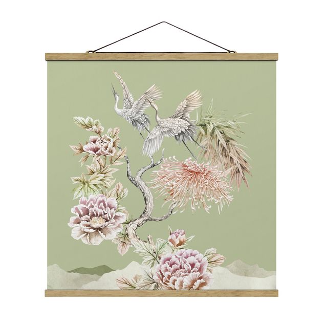 Stoffen schilderij met posterlijst Watercolour Storks In Flight With Flowers On Green