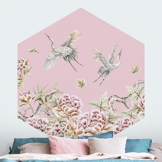 Hexagon Behang Watercolour Storks In Flight With Roses On Pink