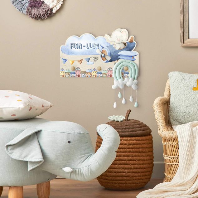 Wandkapstokken voor kinderen Watercolour Animal Pilot Elephant With Customised Name