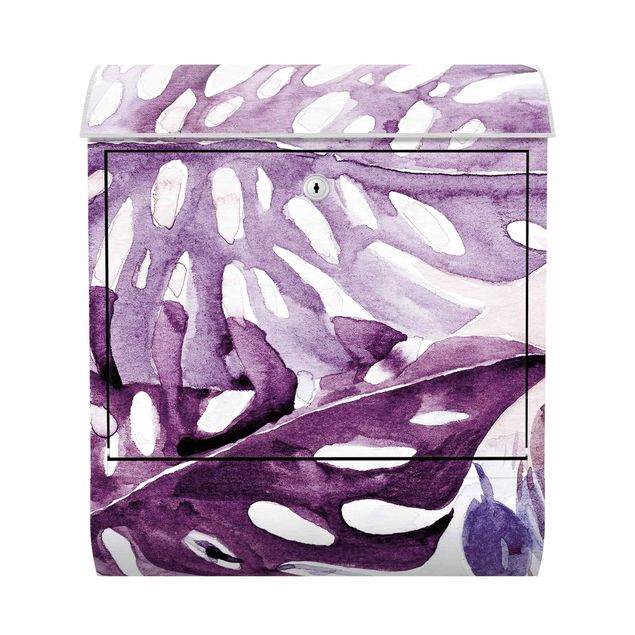 Brievenbussen Watercolour Tropical Leaves With Monstera In Aubergine