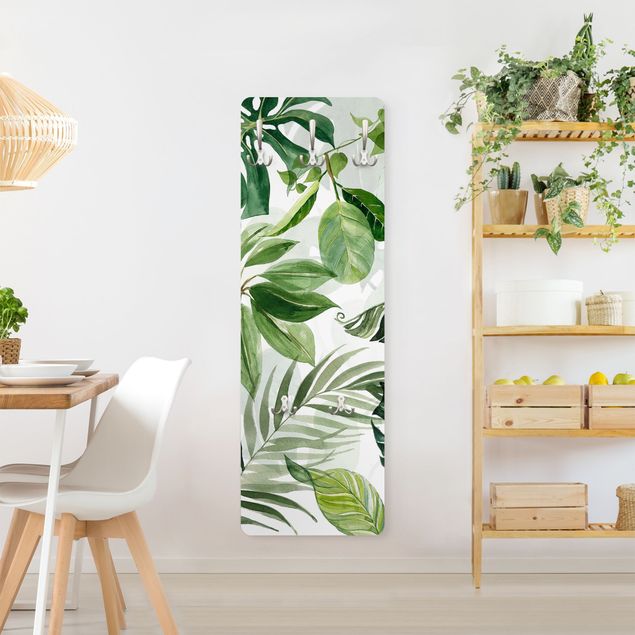 Wandkapstokken houten paneel Watercolour Tropical Leaves And Tendrils