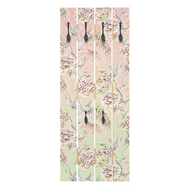 Wandkapstokken houten pallet Watercolour Birds With Large Flowers And Ombre