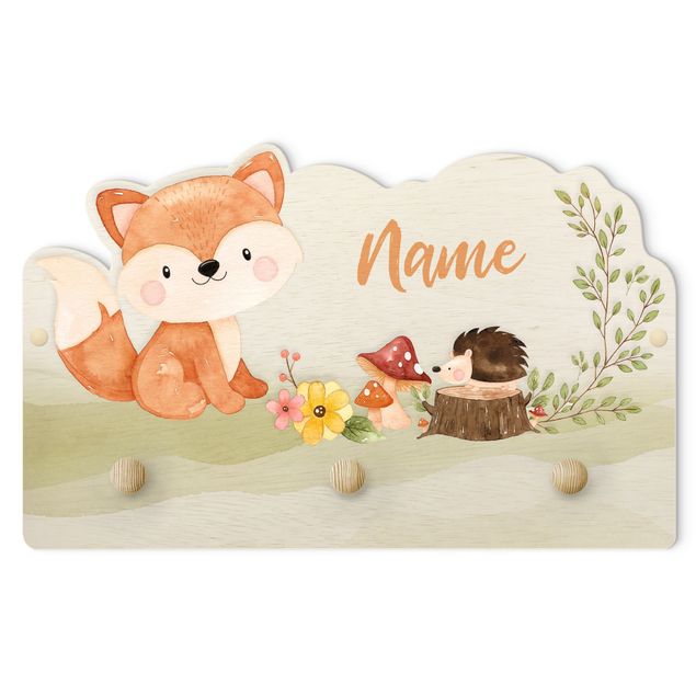 Wandkapstokken voor kinderen Watercolour Forest Animal Fox With Customised Name
