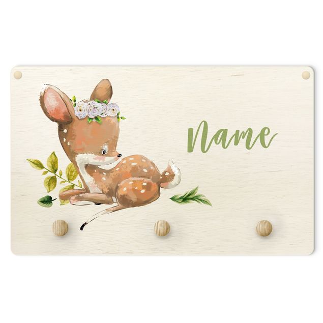 Wandkapstokken voor kinderen Watercolour Forest Animal Fawn With Customised Name