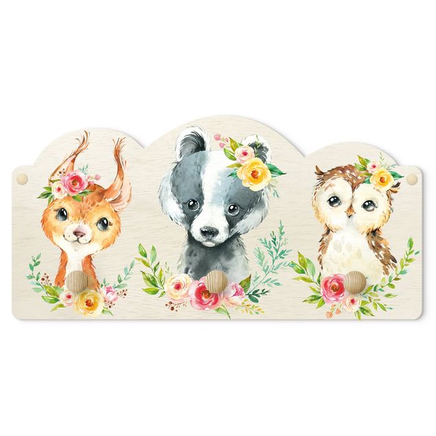 Wandkapstokken voor kinderen Watercolour Forest Animals With Flowers III