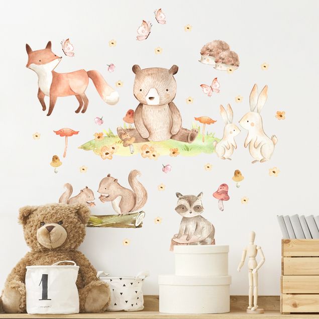 Muurstickers bosdieren Watercolour forest animals with butterflies and flowers