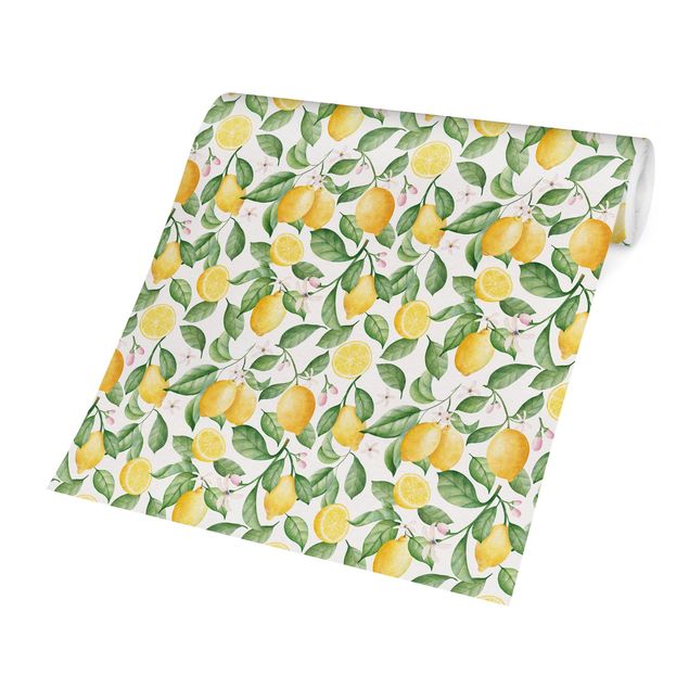 Fotobehang - Watercolour Lemon and Blossom Pattern