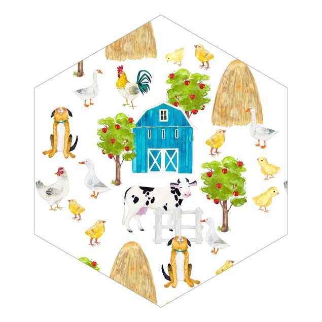 Hexagon Behang Watercolour Farm House Illustration