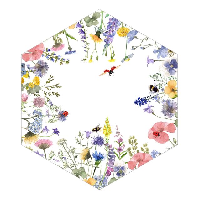 Hexagon Behang Watercolour Flowers With Ladybirds