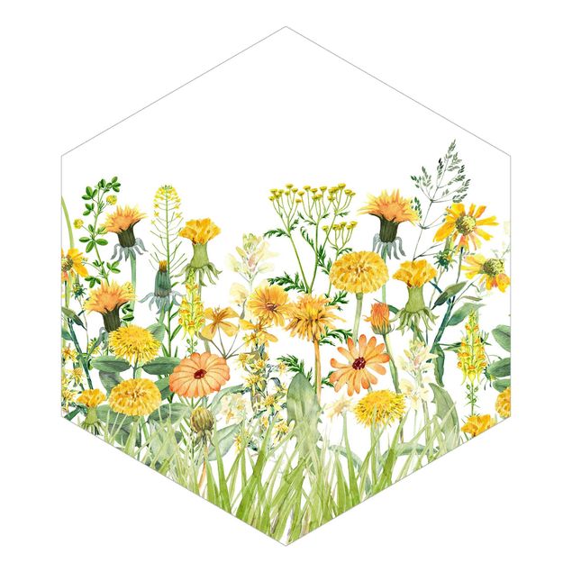 Hexagon Behang Watercolour Flower Meadow In Gelb