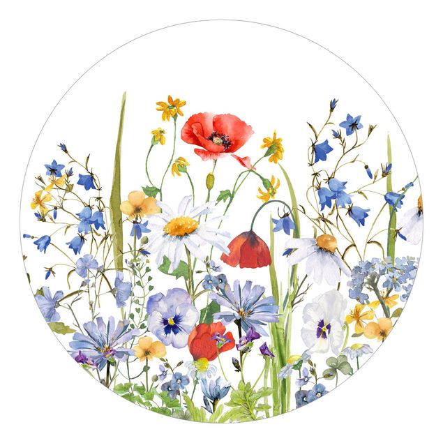 Behangcirkel Watercolour Flower Meadow With Poppies
