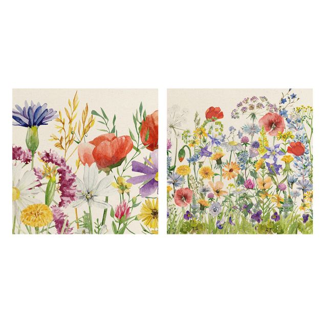 Natuurlijk canvas schilderijen - 2-delig  Watercoloured Flowering Meadow
