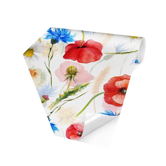 Hexagon Behang Watercolour Wild Flowers With Poppies