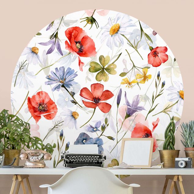 Behangcirkel Watercolour Poppy With Cloverleaf