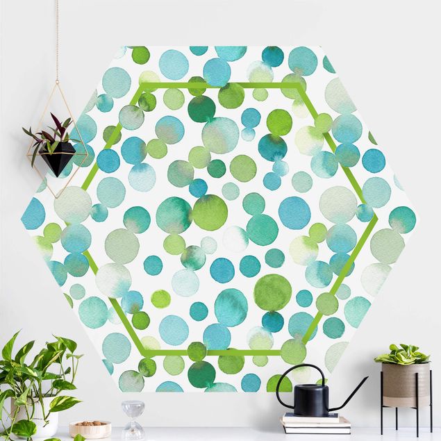 Hexagon Behang Watercolour Dots Confetti In Bluish Green