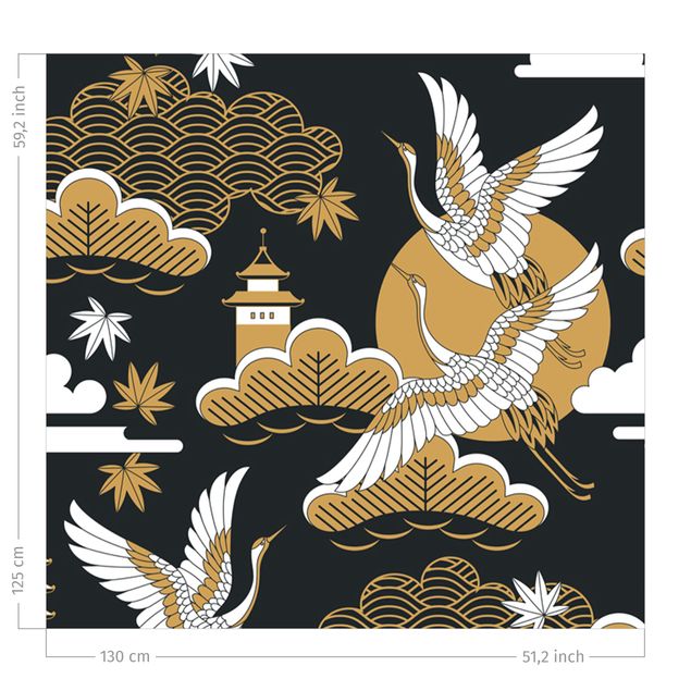 Raamgordijnen Asian Pattern With Cranes In Autumn