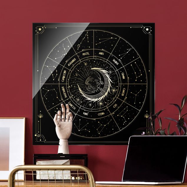 Glasschilderijen Astrology Moon And Zodiac Signs Black