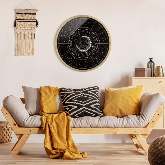 Rond schilderijen Astrologia Luna e segni zodiacali in nero