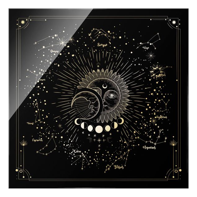 Glasschilderijen Astrology Sun Moon And Stars Black