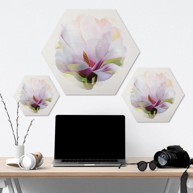 Hexagons Aluminium Dibond schilderijen WaterColours - Delicate Magnolia Blossom