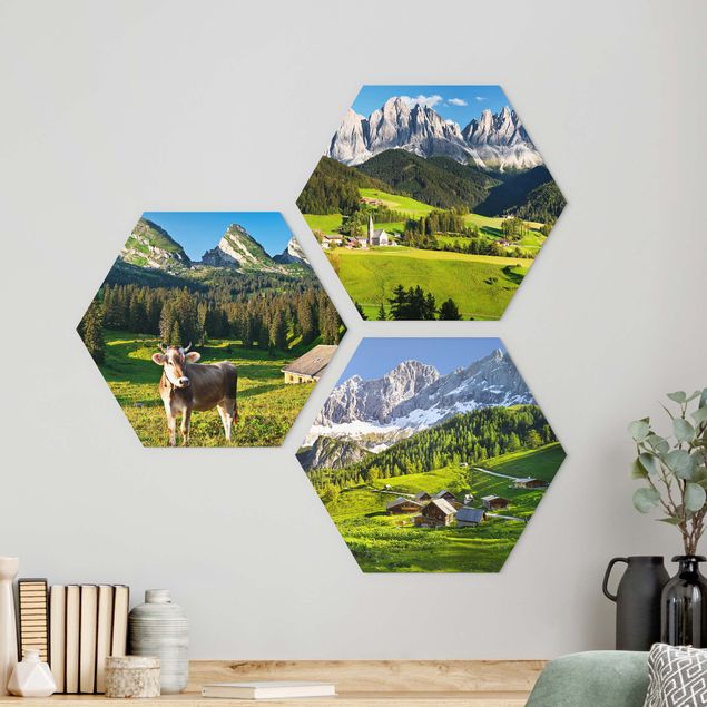 Hexagons Aluminium Dibond schilderijen - 3-delig Alpine Meadows