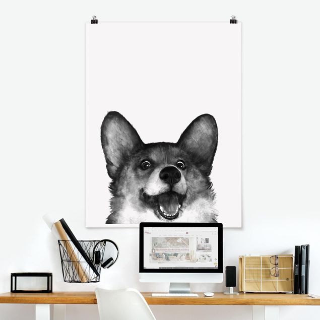 Posters Illustration Dog Corgi Black And White Painting