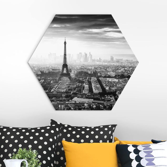 Hexagons Aluminium Dibond schilderijen The Eiffel Tower From Above Black And White