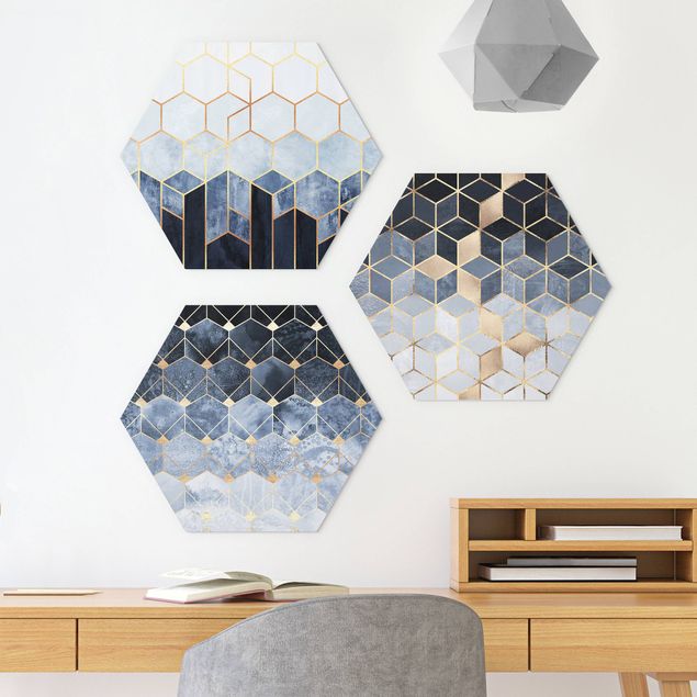 Hexagons Forex schilderijen - 3-delig Blue White Golden Hexagons Set