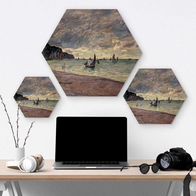 Hexagons houten schilderijen Claude Monet - Fishing Boats In Front Of The Beach And Cliffs Of Pourville