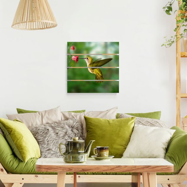 Houten schilderijen op plank Hummingbird And Flower