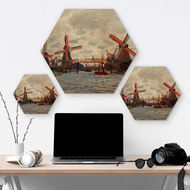 Hexagons houten schilderijen Claude Monet - Windmills in Westzijderveld near Zaandam