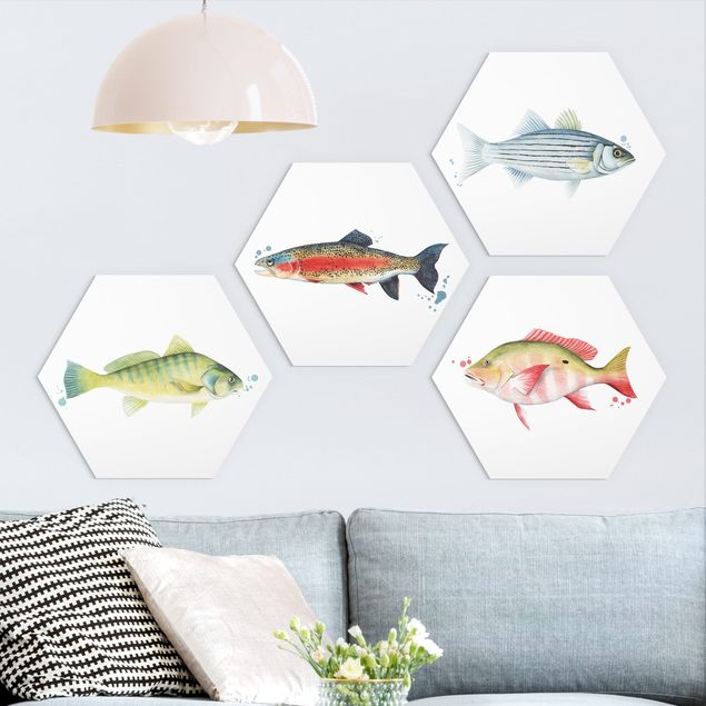 Hexagons Forex schilderijen - 4-delig Ink Trap - Fish Set I