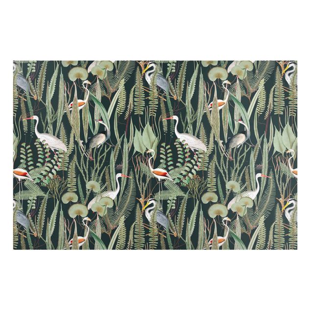 Magneetborden Flamingos And Storks With Plants On Green