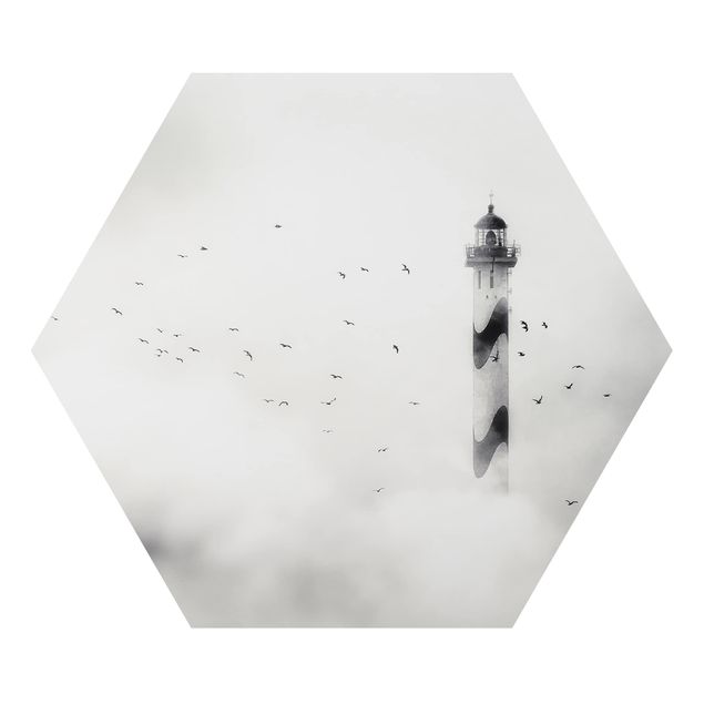 Hexagons Aluminium Dibond schilderijen Lighthouse In The Fog