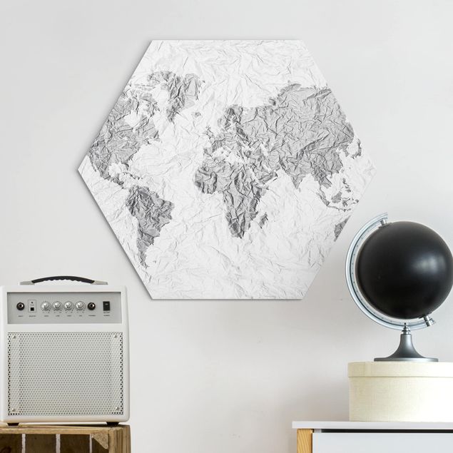 Hexagons Aluminium Dibond schilderijen Paper World Map White Grey