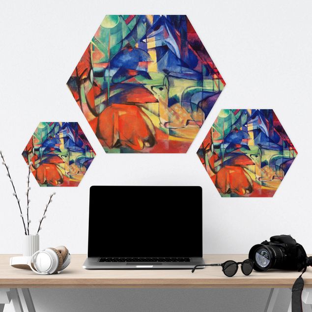 Hexagons Aluminium Dibond schilderijen Franz Marc - Deer In The Forest