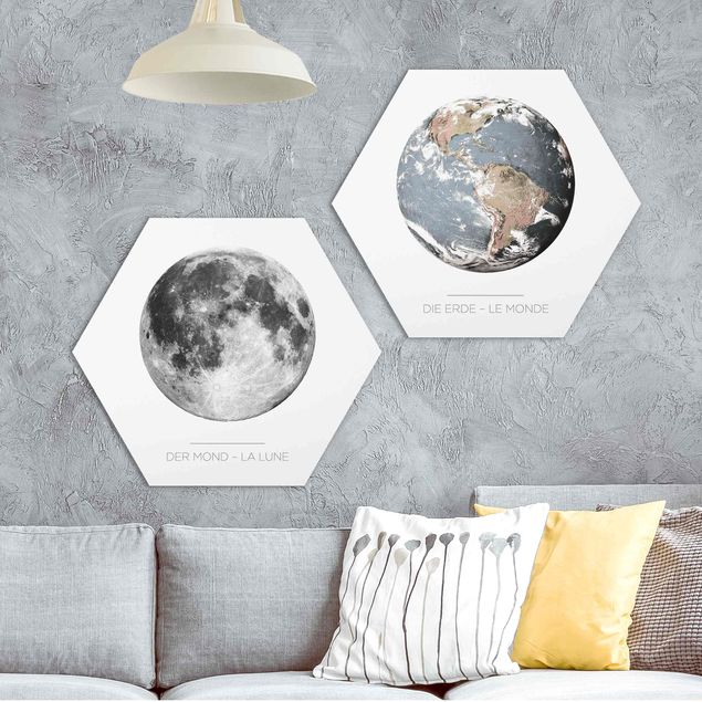 Hexagons Aluminium Dibond schilderijen - 2-delig Moon And Earth