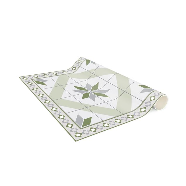 tapijt modern Geometrical Tiles Rhombic Flower Olive Green With narrow Border