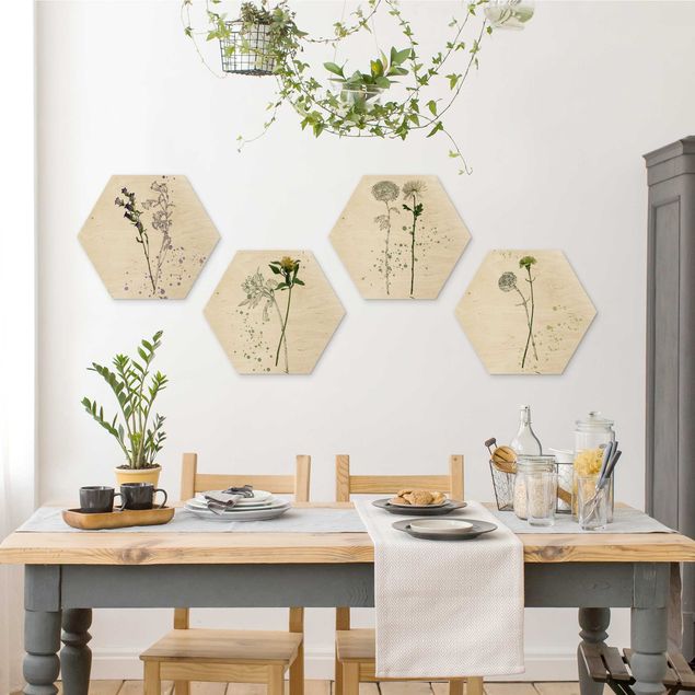 Hexagons houten schilderijen - 4-delig Botanical Watercolour Set I