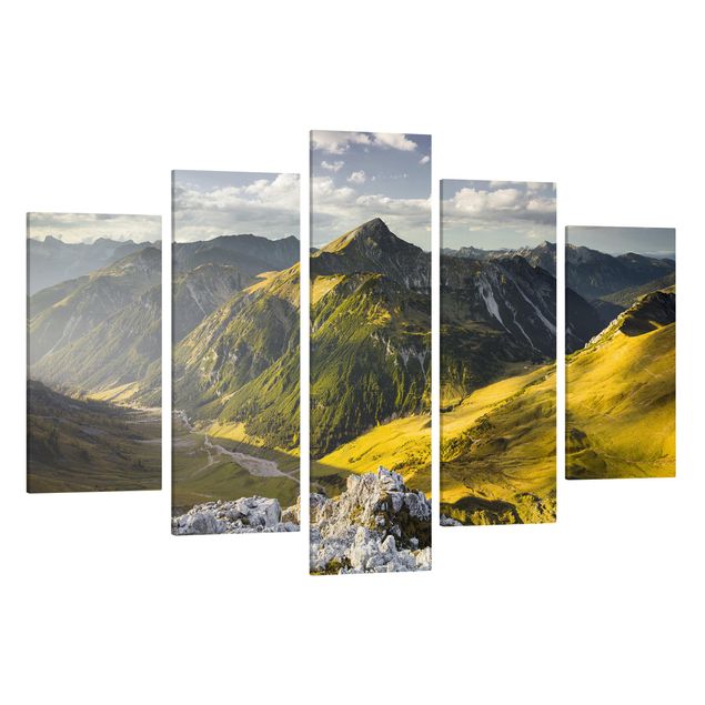 Canvas schilderijen - 5-delig Mountains And Valley Of The Lechtal Alps In Tirol