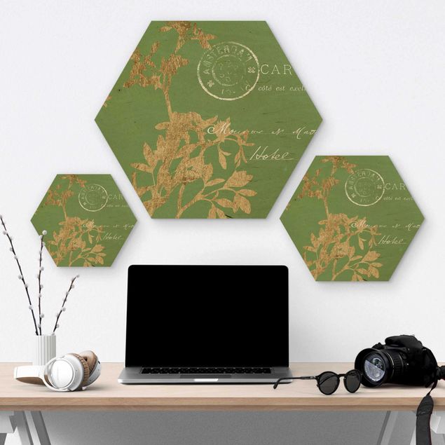 Hexagons houten schilderijen Golden Leaves On Lind I