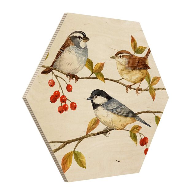 Hexagons houten schilderijen Birds And Berries - Tits