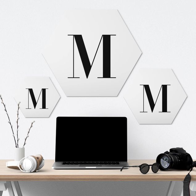 Hexagons Aluminium Dibond schilderijen Letter Serif White M