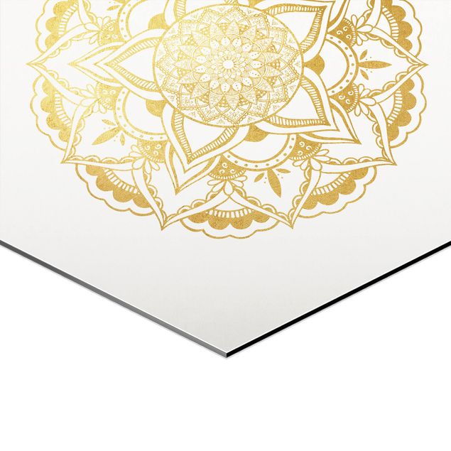 Hexagons Aluminium Dibond schilderijen - 3-delig Mandala Flower Sun Illustration Set Gold