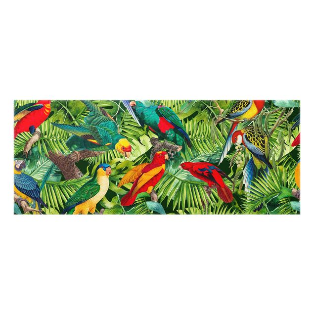 Spatscherm keuken Bunte Collage - Papageien im Dschungel