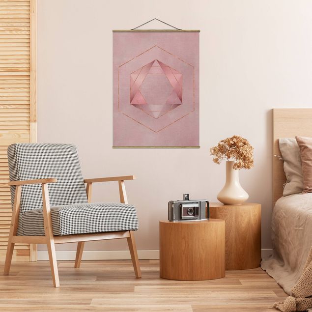 Stoffen schilderij met posterlijst Geometry In Pink And Gold I