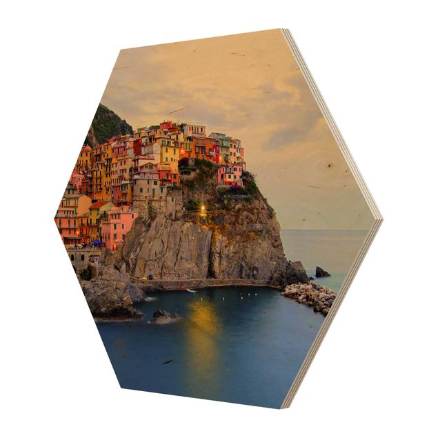 Hexagons houten schilderijen Colourful coastal town